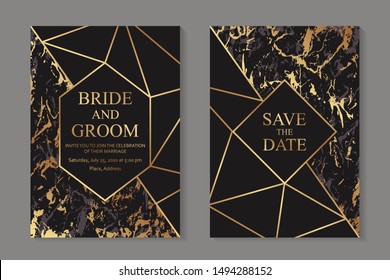 Set of modern geometric luxury wedding invitation design or card templates for business or presentation or greeting with golden lines and paint splashes or marble texture on a black background.
