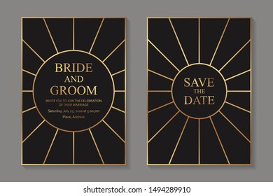 Set of modern geometric luxury wedding invitation design or card templates for business or presentation or greeting with golden lines in shape of sun and rays on a black background.