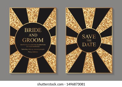 Set of modern geometric luxury wedding invitation design or card templates for business or presentation or greeting with golden lines in spahe of sun and rays on a black background with glitter.