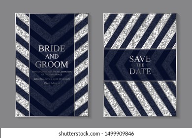 Set of modern geometric luxury wedding invitation design or card templates for business or presentation or greeting with silver lines and glitter stripeson a navy blue background.
