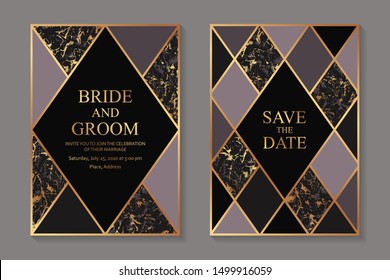 Set of modern geometric luxury wedding invitation design or card templates for business or presentation or greeting with golden lines and rhombuses in pink, gray and black colors with marble texture.