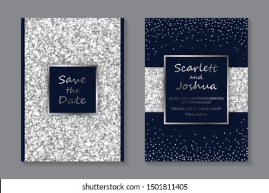 Set of modern geometric luxury wedding invitation design or card templates for business or presentation or greeting with silver glitter and a navy blue background.