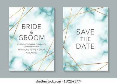 Set of modern geometric luxury wedding invitation design or card templates for business or presentation or greeting with golden lines on a white marble with blue background.