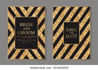 Set of modern geometric luxury wedding invitation design or card templates for business or presentation or greeting with golden lines and black stripes on a glitter background.