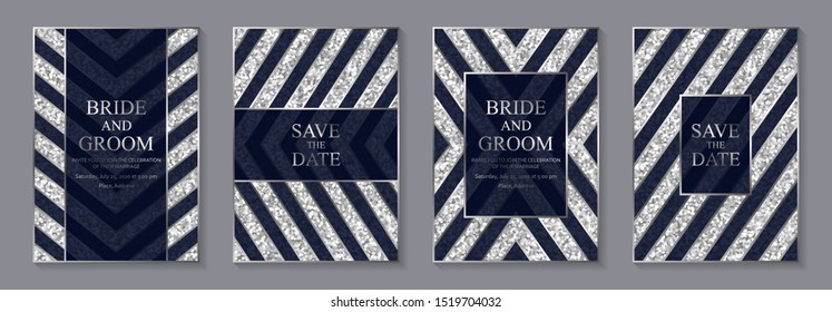Set of modern geometric luxury wedding invitation design or card templates for business or presentation or greeting with silver lines and navy blue stripes on a glitter background.