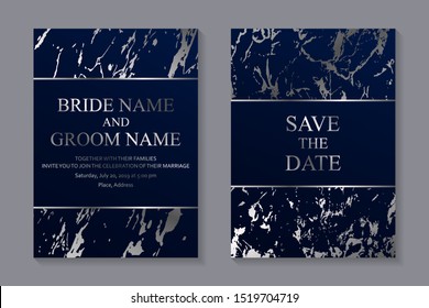 Set of modern geometric luxury wedding invitation design or card templates for business or presentation or greeting with silver marble texture or paint splashes on a navy blue background.