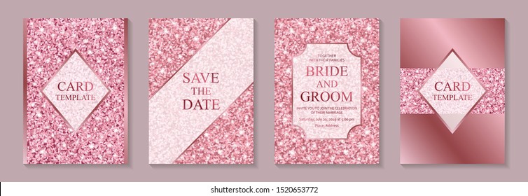 Set of modern geometric luxury wedding invitation design or card templates for business or presentation or greeting with rose gold and white frames on a pink glitter background.