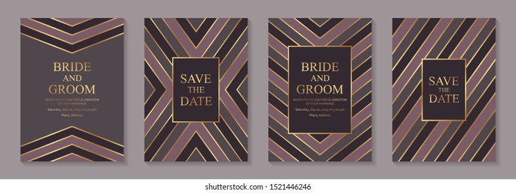 Set of modern geometric luxury wedding invitation design or card templates for business or presentation or greeting with golden lines and pink stripes on a gray background.