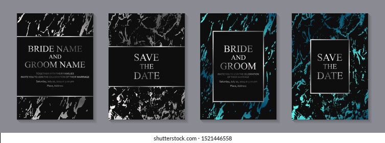 Set Of Modern Geometric Luxury Wedding Invitation Design Or Card Templates For Business Or Presentation Or Greeting With Silver And Blue Marble Texture Or Paint Splashes On A Black Background.