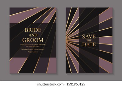 Set of modern geometric luxury wedding invitation design or card templates for business or presentation or greeting with golden lines and black with pink and purple stripes.