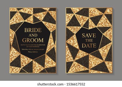 Set of modern geometric luxury wedding invitation design or card templates for business or presentation or greeting with golden lines and black triangles on a glitter background.