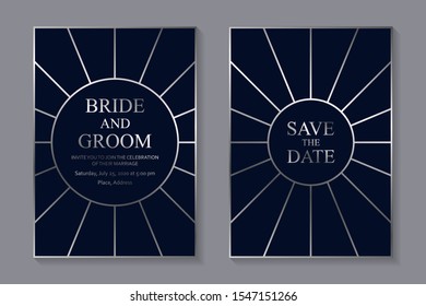 Set of modern geometric luxury wedding invitation design or card templates for business or presentation or greeting with silver lines in shape of sun and rays on a navy blue background.