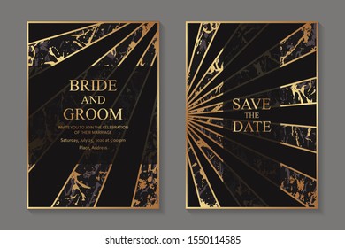 Set of modern geometric luxury wedding invitation design or card templates for business or presentation or greeting with golden lines and marble texture on a black background.