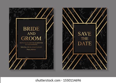 Set of modern geometric luxury wedding invitation design or card templates for business or presentation or greeting with golden lines and on a black marble textured background.