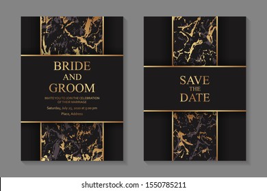 Set of modern geometric luxury wedding invitation design or card templates for business or presentation or greeting with golden lines and stripes with marble textur on a black background.