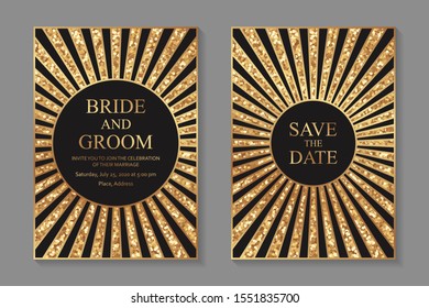 Set of modern geometric luxury wedding invitation design or card templates for business or presentation or greeting with golden lines or sun rays on a black background with glitter.