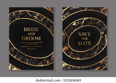 Set of modern geometric luxury wedding invitation design or card templates for business or presentation or greeting with golden ellipses with marble texture on a black background.