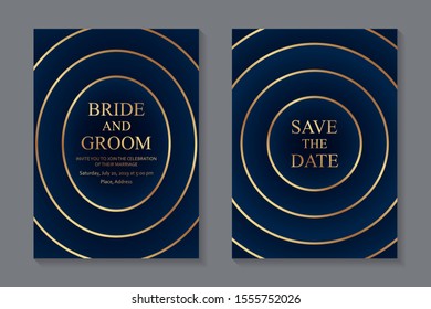 Set of modern geometric luxury wedding invitation design or card templates for business or presentation or greeting with golden circles and ellipses on a navy blue background.