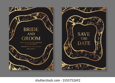 Set of modern geometric luxury wedding invitation design or card templates for business or presentation or greeting with golden and marble waves on a black background.