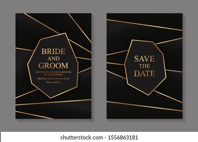 Set of modern geometric luxury wedding invitation design or card templates for business or presentation or greeting with golden lines on a black background.