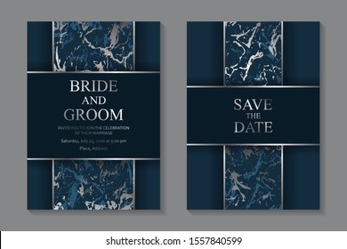 Set of modern geometric luxury wedding invitation design or card templates for business or presentation or greeting with silver lines and marble texture on a navy blue background.