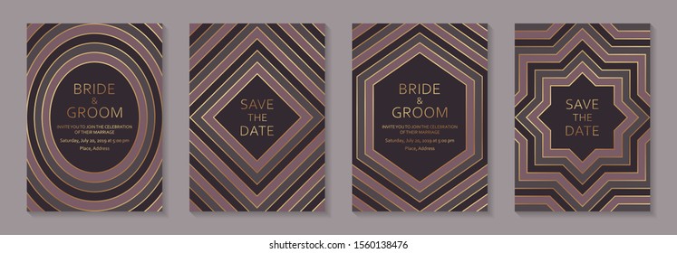 Set of modern geometric luxury wedding invitation design or card templates for business or presentation or greeting with golden lines and pink and gray stripes in shapes of ellipse, rhombus, star.