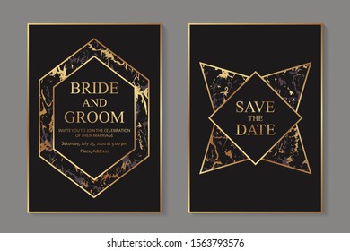 Set of modern geometric luxury wedding invitation design or card templates for business or presentation or greeting with golden marble texture on a black background.
