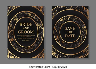 Set of modern geometric luxury wedding invitation design or card templates for business or presentation or greeting with golden marble texture and circles on a black background.