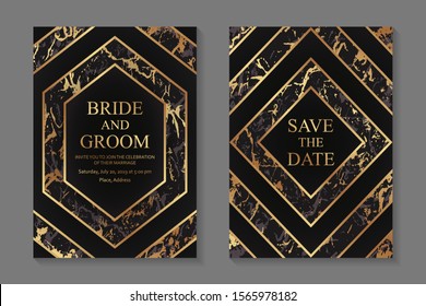 Set of modern geometric luxury wedding invitation design or card templates for business or presentation or greeting with golden hexagons and rhombus on a black background with marble.