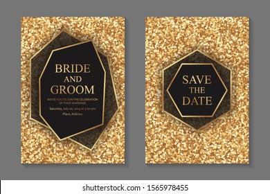 Set of modern geometric luxury wedding invitation design or card templates for business or presentation or greeting with golden glitter.