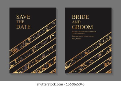 Set of modern geometric luxury wedding invitation design or card templates for business or presentation or greeting with golden lines and marble stripes on a black background.