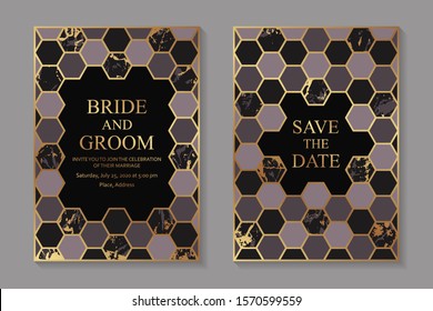 Set of modern geometric luxury wedding invitation design or card templates for business or presentation or greeting with golden marble texture, pink, purple hexagons on a black background.
