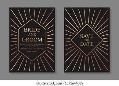 Set of modern geometric luxury wedding invitation design or card templates for business or presentation or greeting with golden lines or rays on a black background.