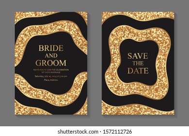 Set of modern geometric luxury wedding invitation design or card templates for business or presentation or greeting with golden glittering waves on a black background.