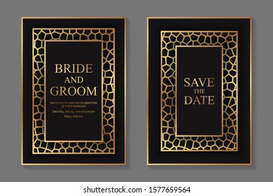 Set of modern geometric luxury wedding invitation design or card templates for business or presentation or greeting with golden mosaic on a black background.