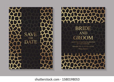 Set of modern geometric luxury wedding invitation design or card templates for business or presentation or greeting with golden mosaic on a black background.