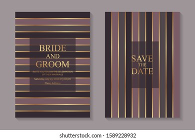 Set of modern geometric luxury wedding invitation design or card templates for business or presentation or greeting with golden lines and pink stripes.