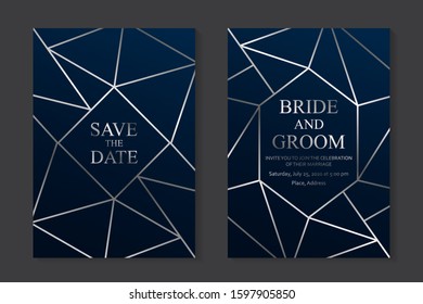 Set of modern geometric luxury wedding invitation design or card templates for business or presentation or greeting with silver lines on a navy blue background.