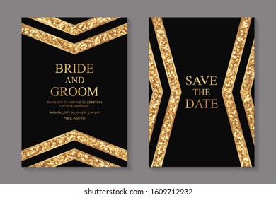 Set of modern geometric luxury wedding invitation design or card templates for business or presentation or greeting with golden lines and glitter stripes on a black background.