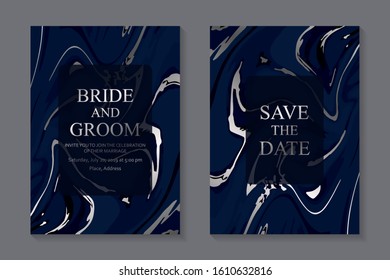 Set of modern geometric luxury wedding invitation design or card templates for business or presentation or greeting with silver waves and marble texture on a navy blue background.