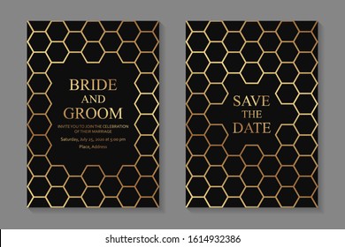 Set of modern geometric luxury wedding invitation design or card templates for business or presentation or greeting with golden honeycombs or hexagons on a black background.