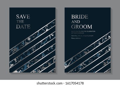 Set of modern geometric luxury wedding invitation design or card templates for business or presentation or greeting with silver lines and marble textured stripes on a navy blue background.