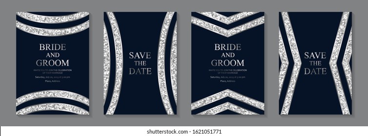 Set Of Modern Geometric Luxury Wedding Invitation Design Or Card Templates For Business Or Presentation Or Greeting With Silver Lines And Glitter Stripes On A Navy Blue Background.