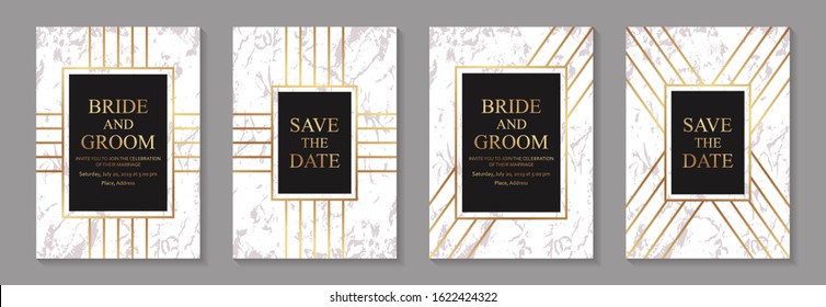 Set of modern geometric luxury wedding invitation design or card templates for business or presentation or greeting with golden lines on a black and white marble textured background.