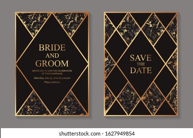 Set of modern geometric luxury wedding invitation design or card templates for business or presentation or greeting with golden lines and marble rhombuses on a black background.