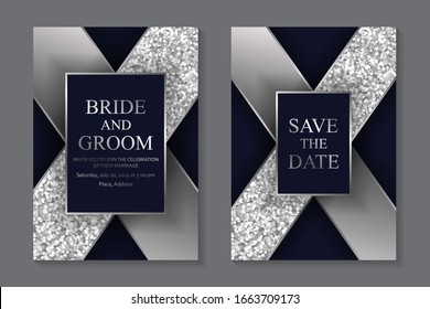 Set of modern geometric luxury wedding invitation design or card templates for business or presentation or greeting with silver crossed stripes on a navy blue background.