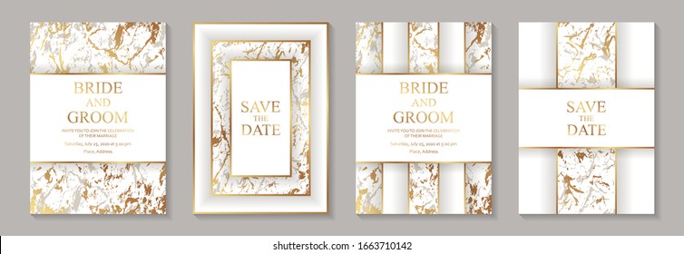 Set von modernen geometrischen Luxus-Hochzeitseinladung Design oder Karten-Vorlagen für Geschäfts- oder Präsentationen oder Gruß mit goldenen Marmorstreifen auf weißem Hintergrund.
