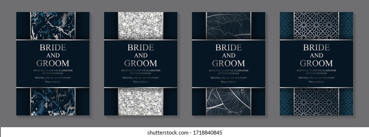 Set Of Modern Geometric Luxury Wedding Invitation Design Or Card Templates For Business Or Presentation Or Greeting With Silver Glitter, Marble, Fathers And Ornament On A Dark Blue Background.