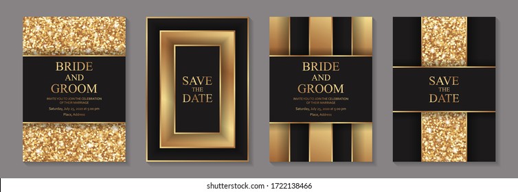 Set of modern geometric luxury wedding invitation design or card templates for business or presentation or greeting with golden glitter on a black background.