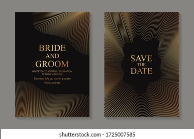 Set of modern geometric luxury wedding invitation design or card templates for business or presentation or greeting with golden waves on a black background.